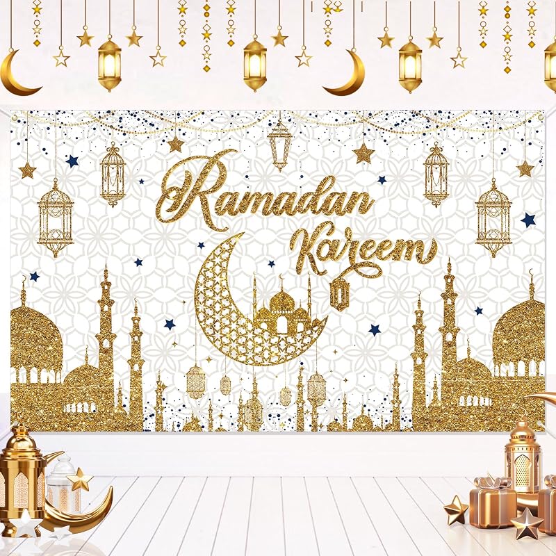 Pancarta Ramadán Kareem Mubarak decoración pared oro blanco
