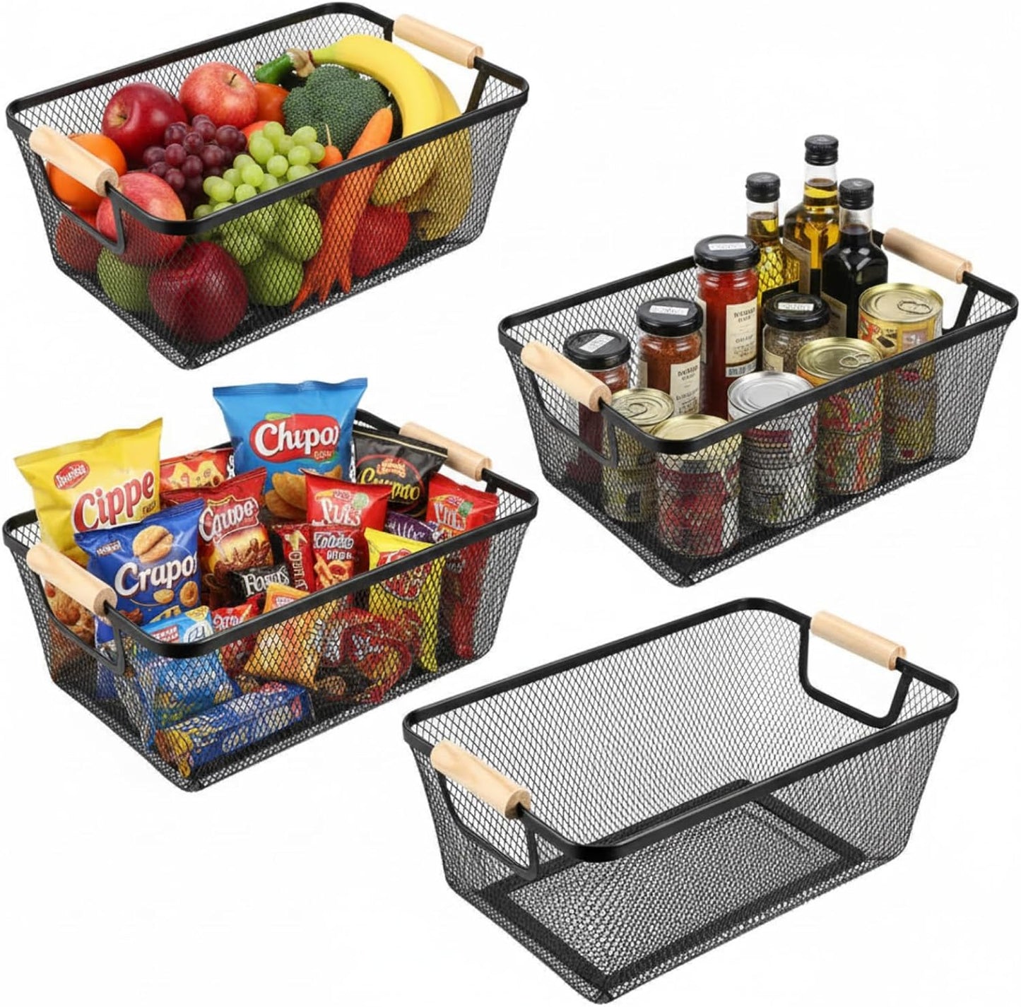 4 Cestas Alambre Madera para Organizar Hogar Cocina