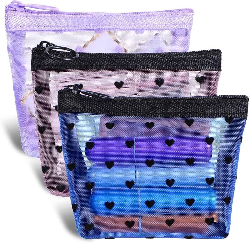 3 Pzas Bolsas Mini Cosméticos con Cremallera de Malla