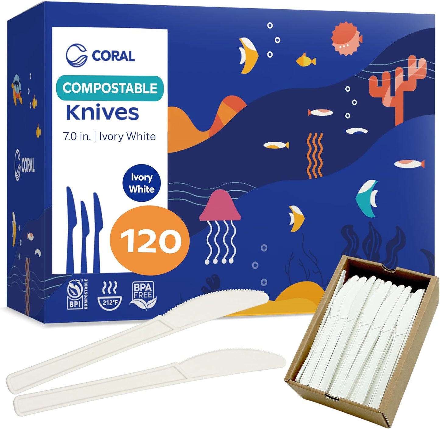 Cuchillos compostables 100% sin plástico 7pulg color marfil