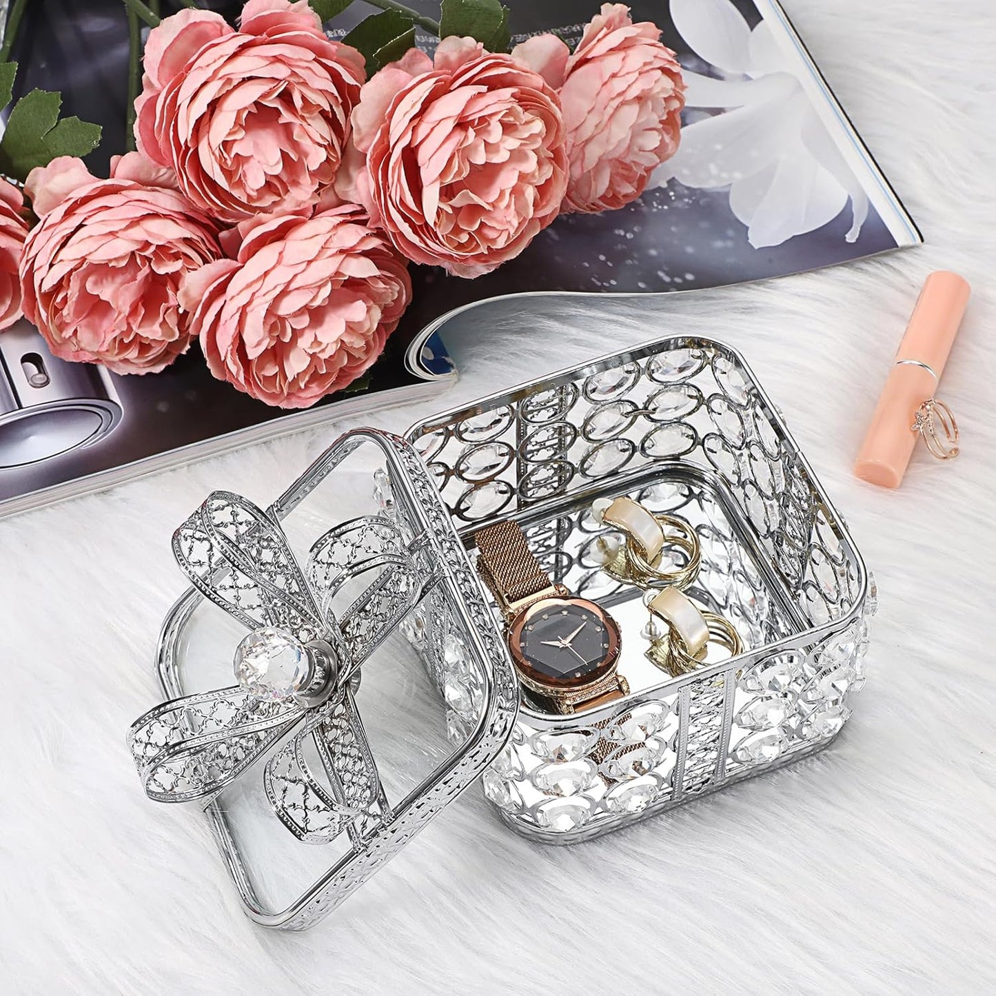 Caja joyero cristal con espejo y soporte anillos