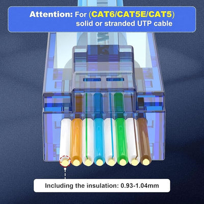Conectores RJ45 CAT6 UL 50 Pzas 8P8C Oro Azul