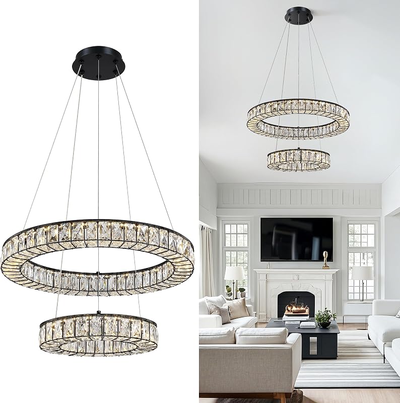 Candelabro cristal 2 niveles lámpara led negra sala comedor