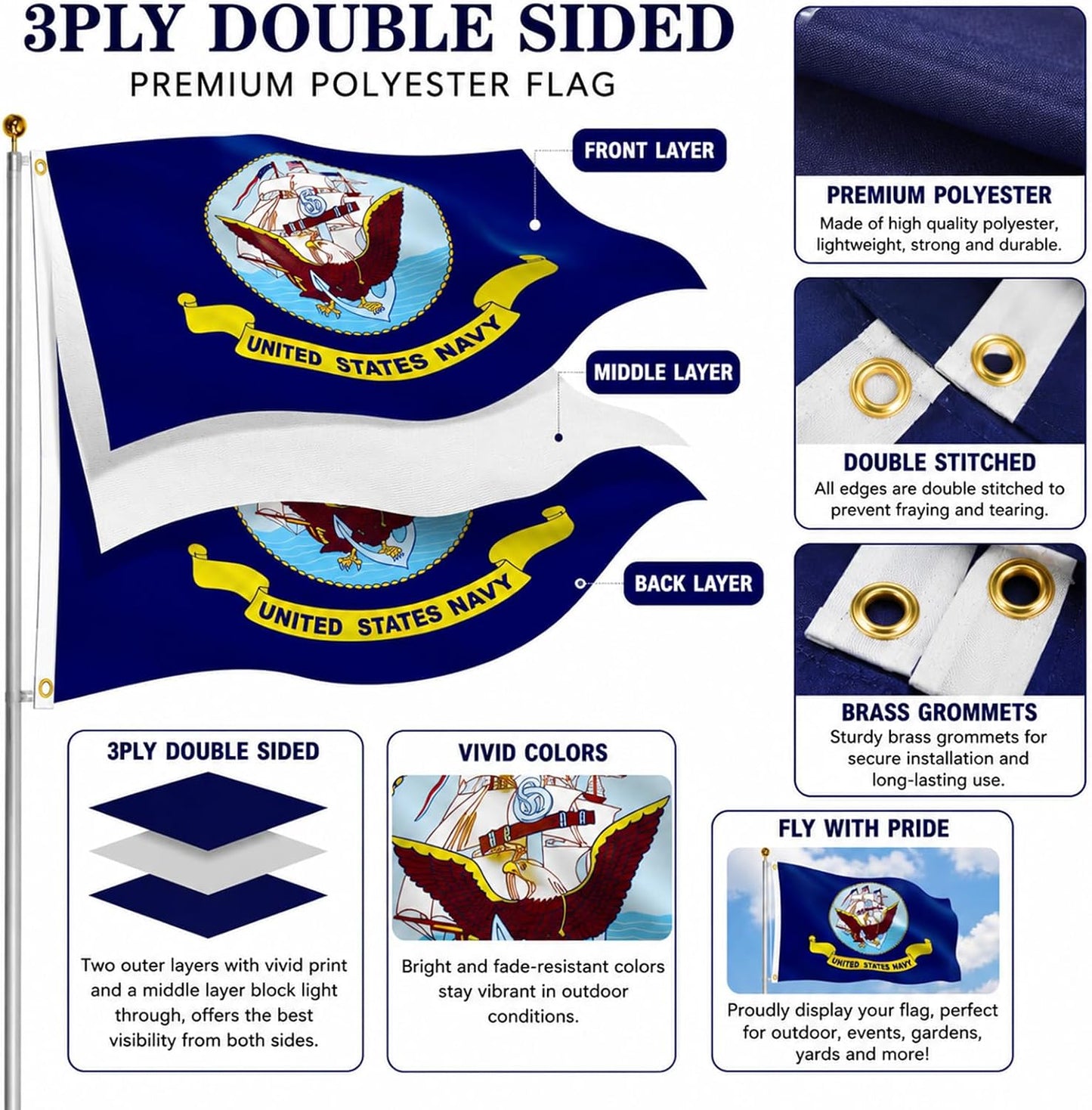 Bandera doble cara 4x6ft azul marino resistente UV 3 capas