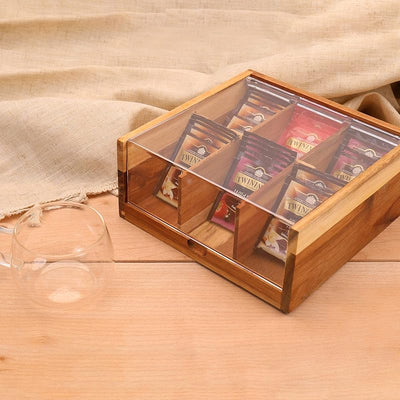 Caja té madera acacia 6 compartimentos tapa acrílico