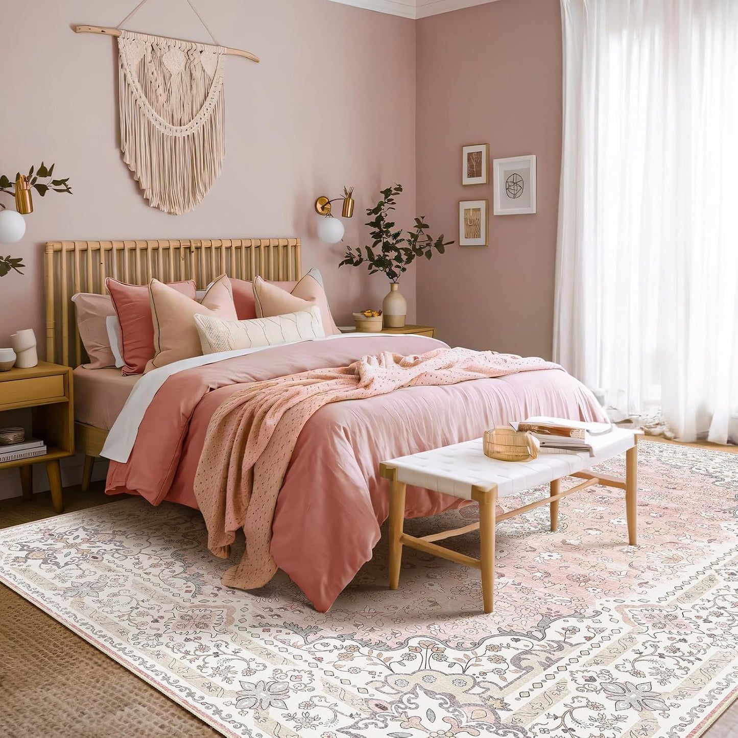Alfombra 5x7pulg rosa vintage lavable antiderrap