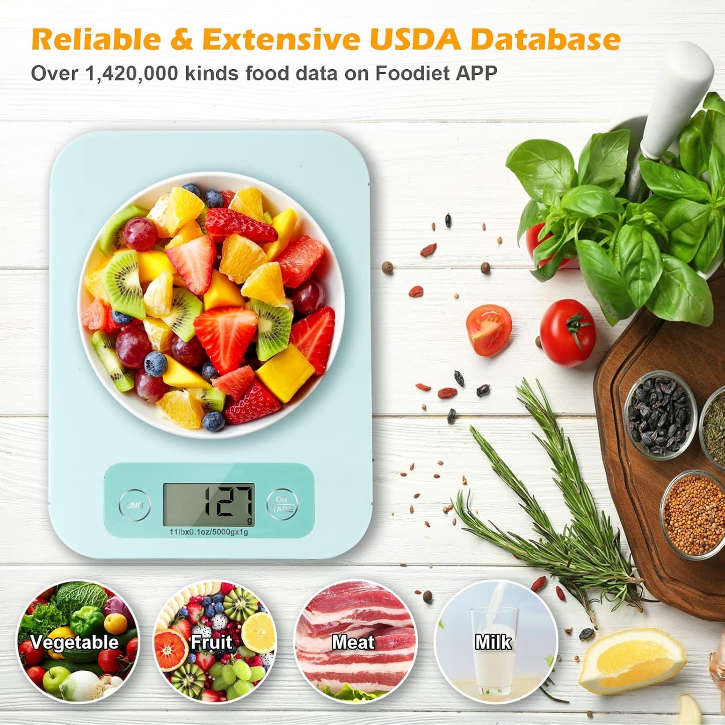 Báscula inteligente alimentos app nutricional gramos oz