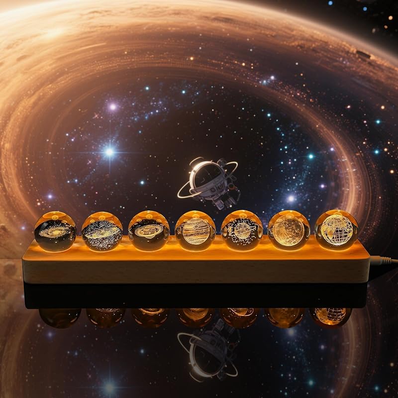 7 Bolas Cristal Planetas Luz Nocturna Base Madera LED