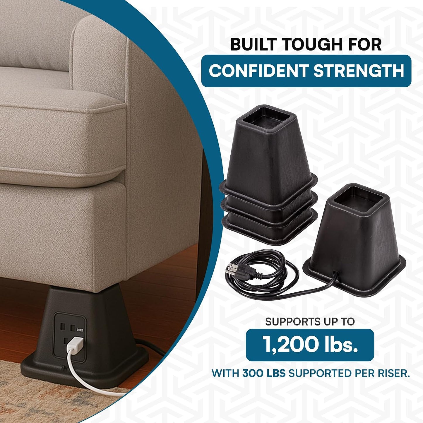 Juego 4 elevadores cama 5.5pulg con USB color negro