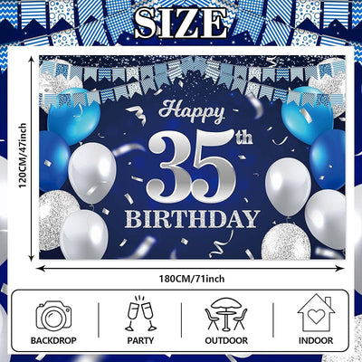 Pancarta feliz cumpleaños 35 años globos azul confeti brindemos