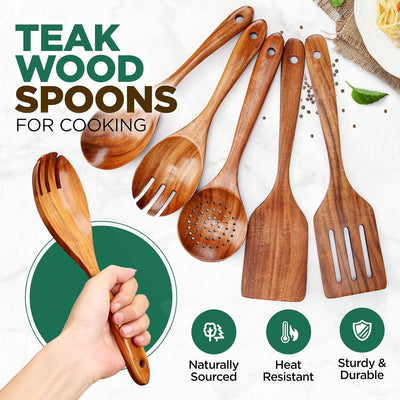 5 Cucharas Madera Teca Cocina Utensilios Resistentes Calor