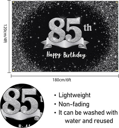 Fondo pancarta feliz cumpleaños 85 6x4ft negro plateado