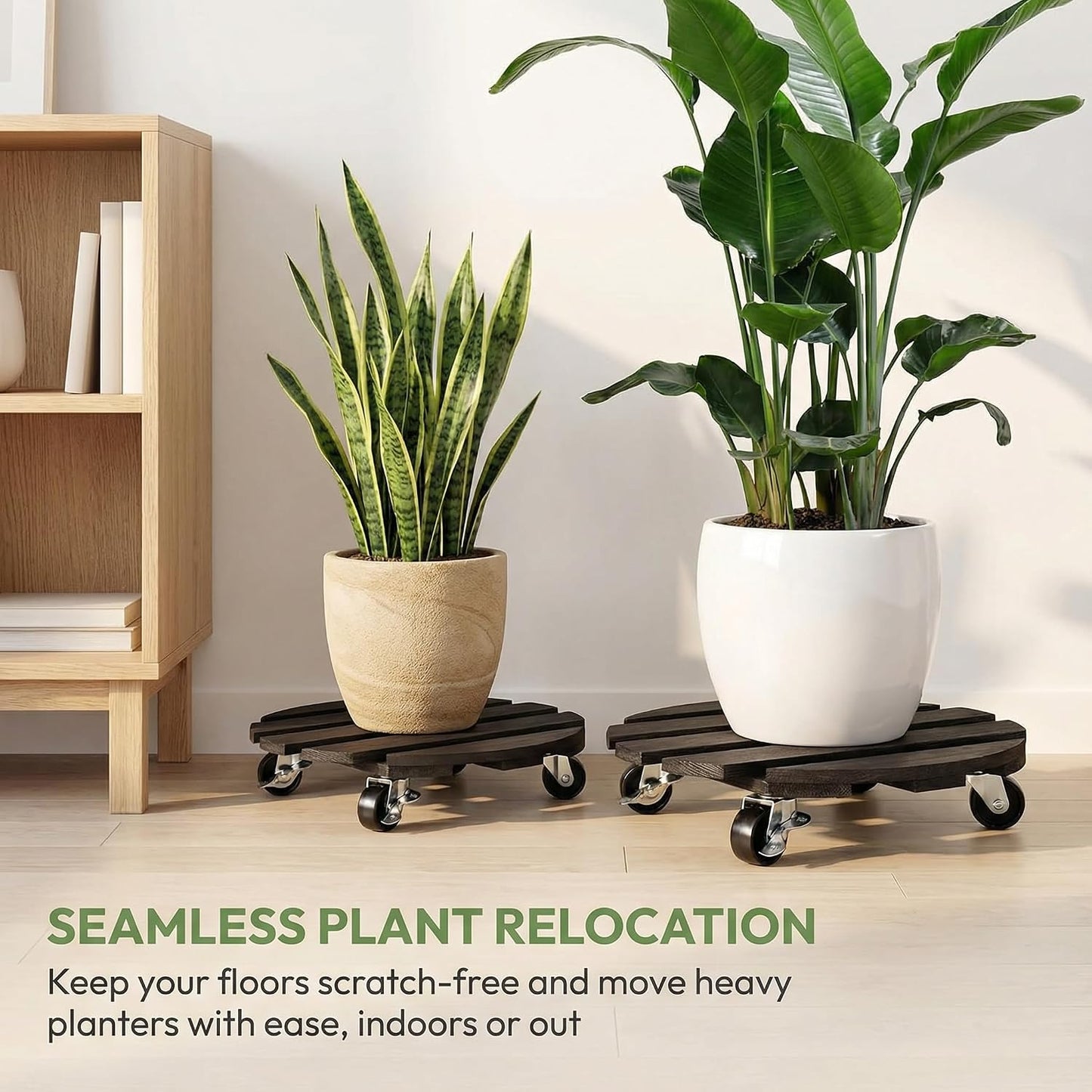 Soporte redondo madera para plantas con ruedas bloqueables 360°