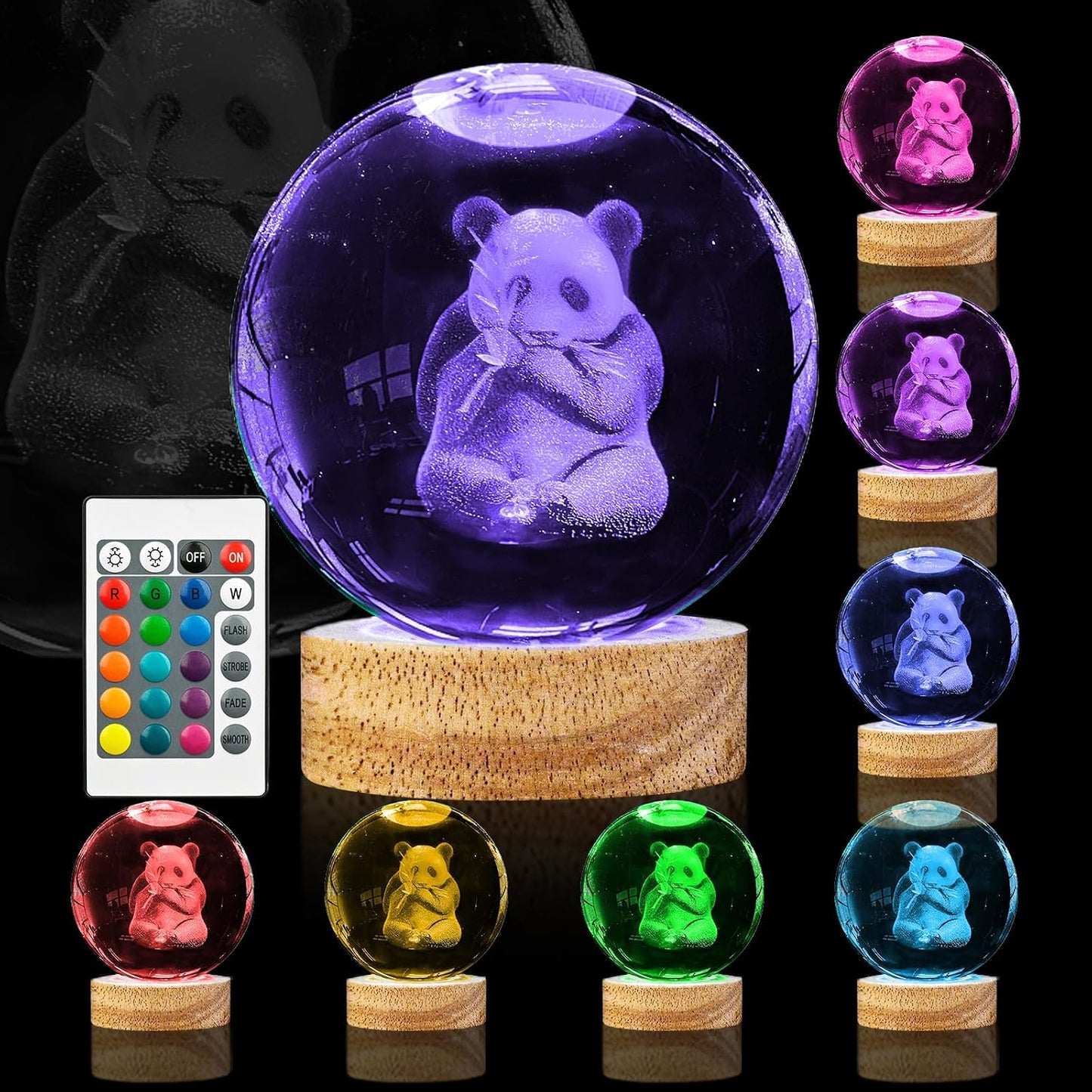 Luz nocturna bola cristal panda madera 16 colores control remoto