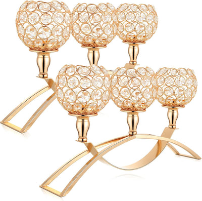 2 Portavelas Cristal 3 Brazos Soporte Candelabro Dorado