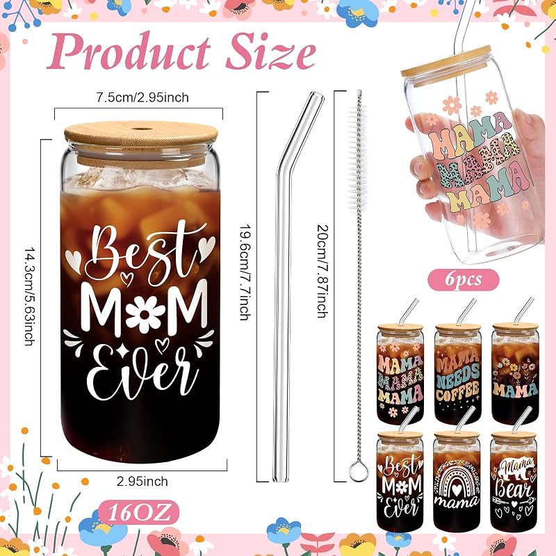 6 Vasos Vidrio 16oz con Tapas Bambú y Pajita Regalo Mamá