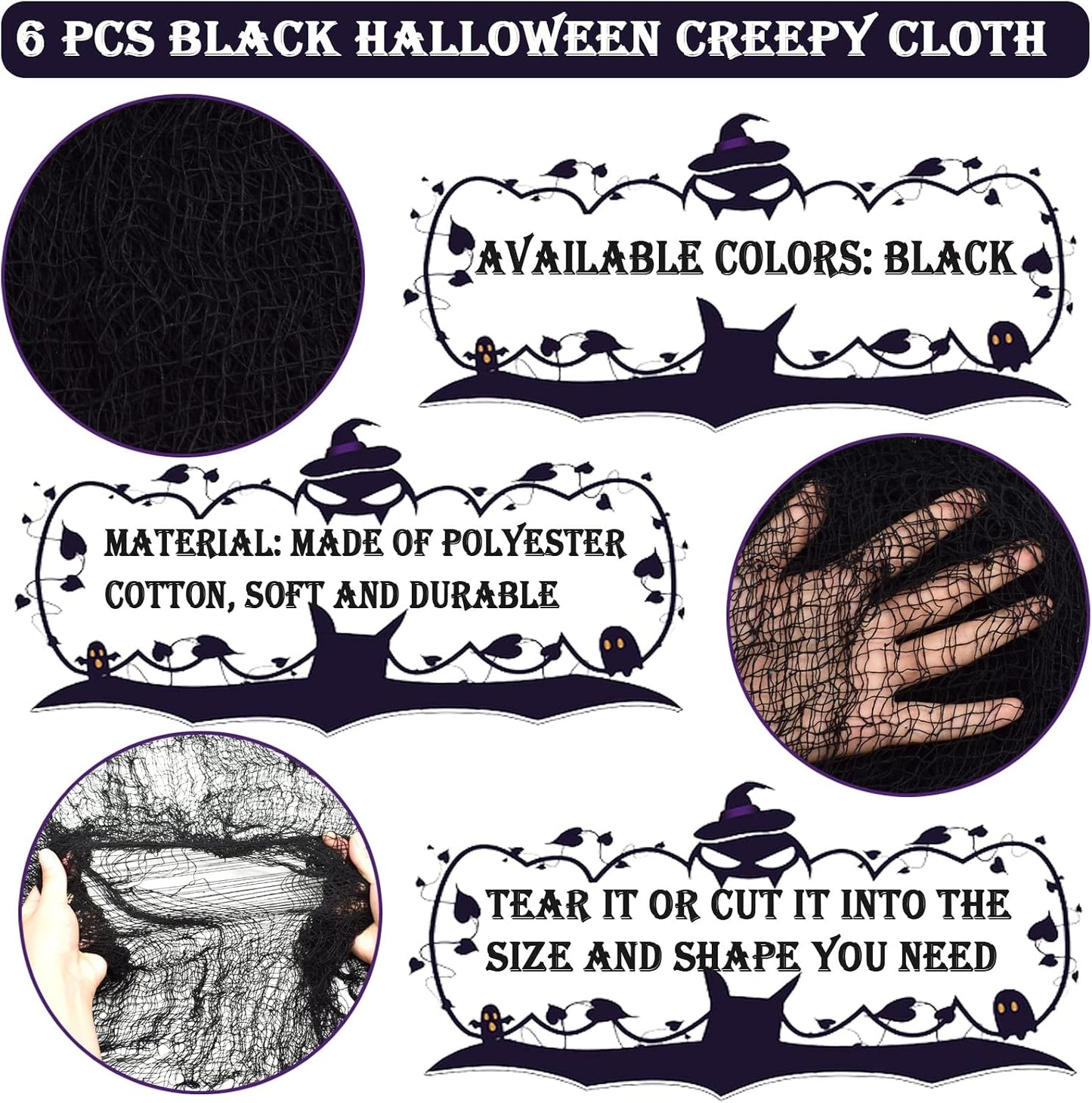 6 Paños Halloween 30x75" tela espeluznante negro