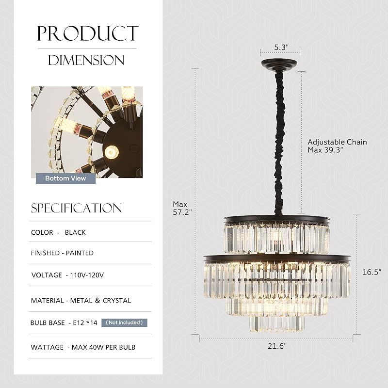 Candelabro cristal 21.6" 14 luces negro para comedor sala