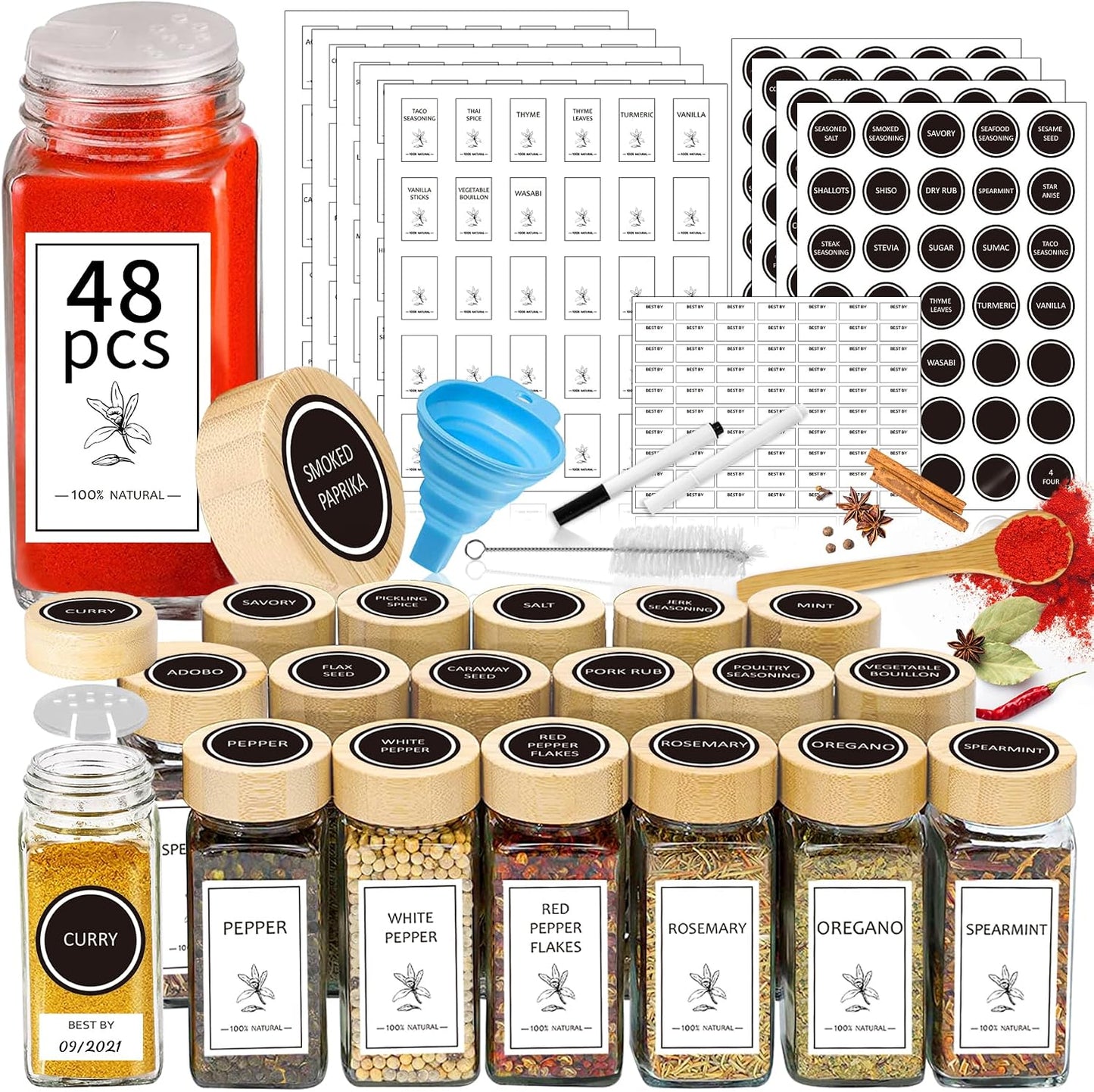 48 Tarros Vidrio 4oz con Tapas Bambú Agitadoras