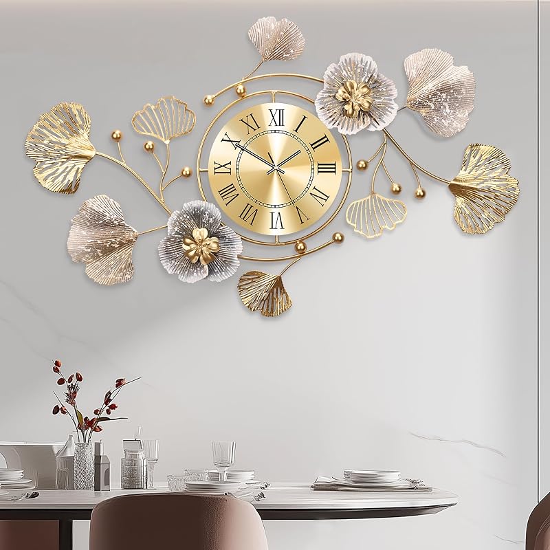 Reloj pared silencioso 3D diseño ginkgo metal 32x18pulg