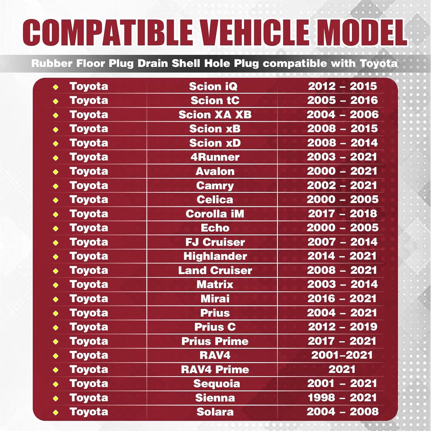 Tapón goma suelo Toyota Scion 4Runner Camry Corolla 6 Uds
