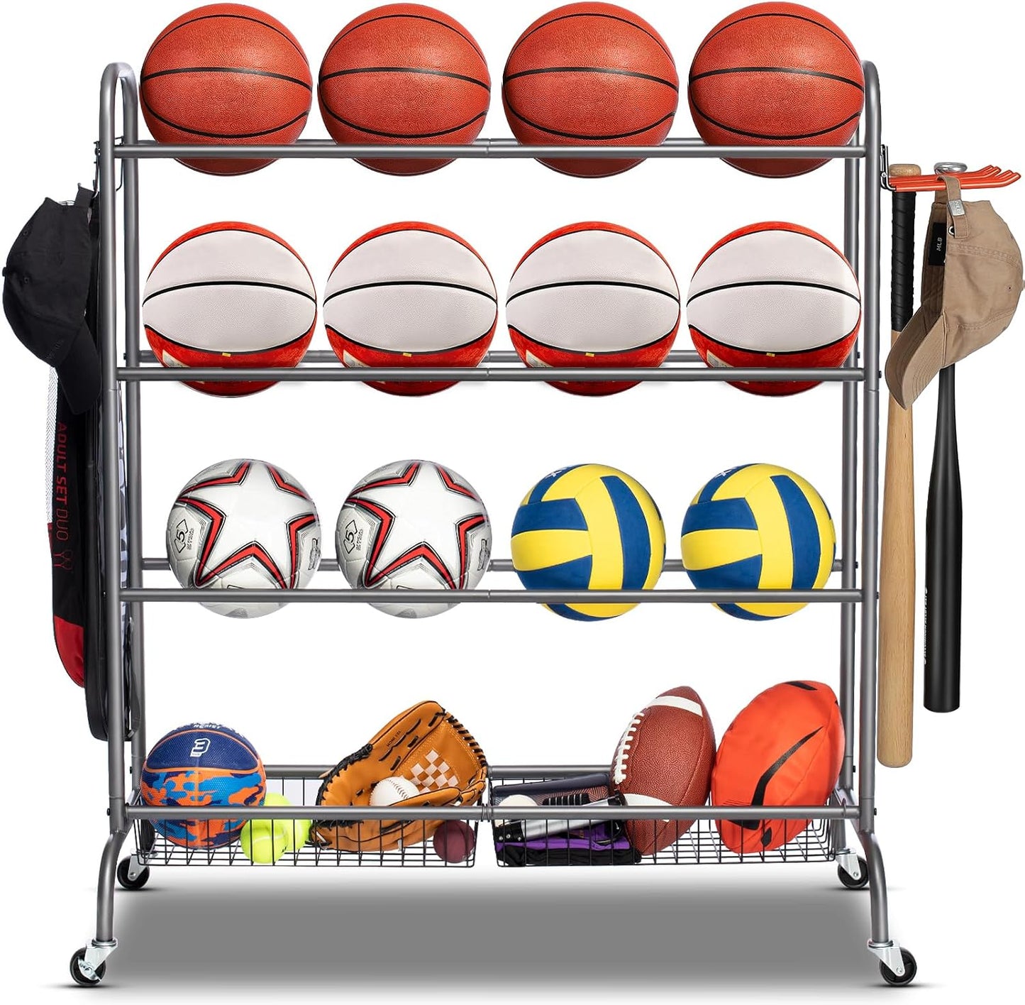 Estante baloncesto con ruedas 4 capas 2 cestas