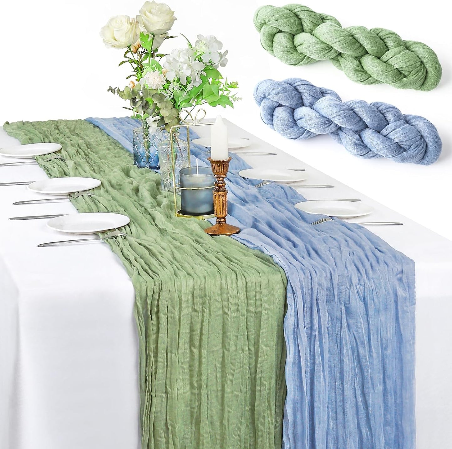 Mesa Camino Gasa Verde Salvia Azul Polvoriento 2pzas 10ft Bohemio