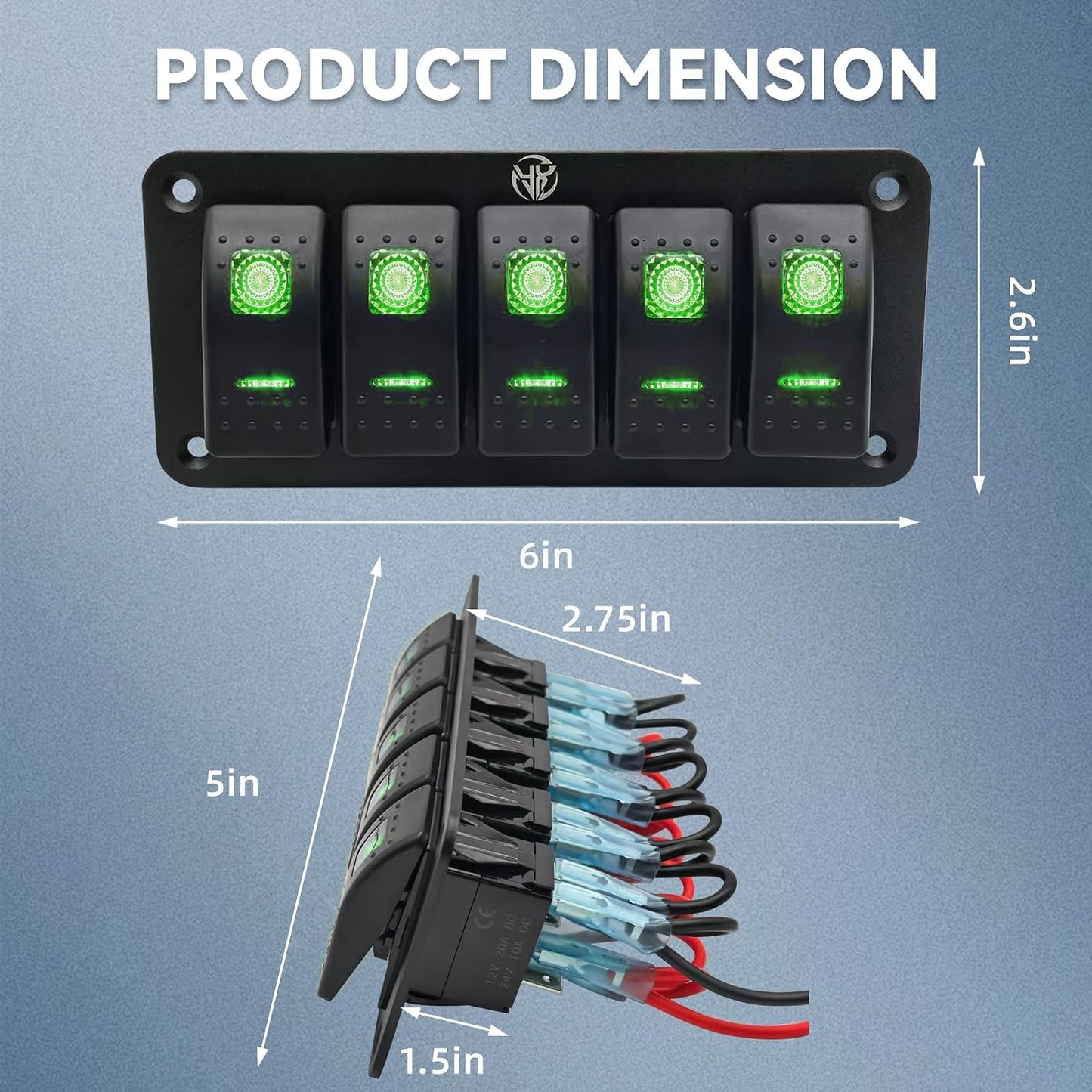 Panel interruptor 5 vías 12-24V CC impermeable precableado
