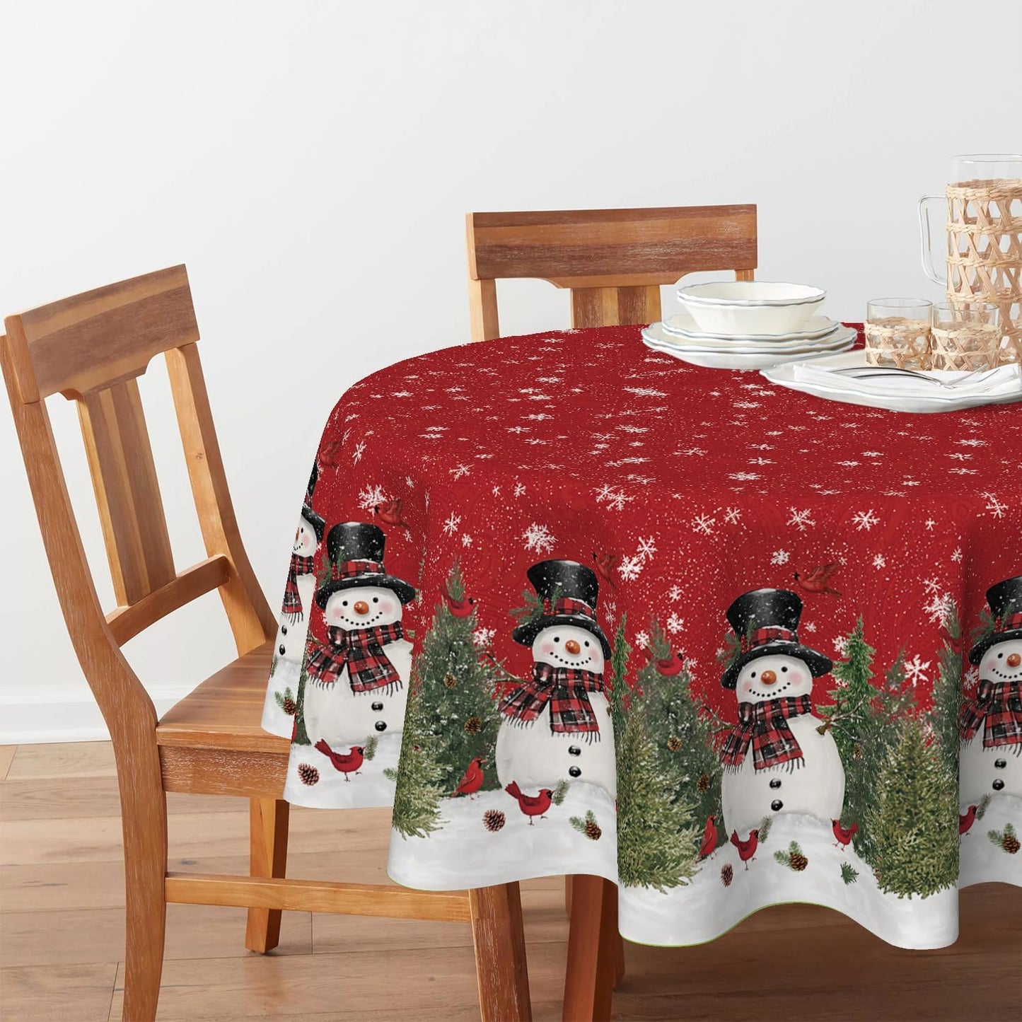 Mantel navideño redondo 70x70pulg con árboles y muñeco de nieve