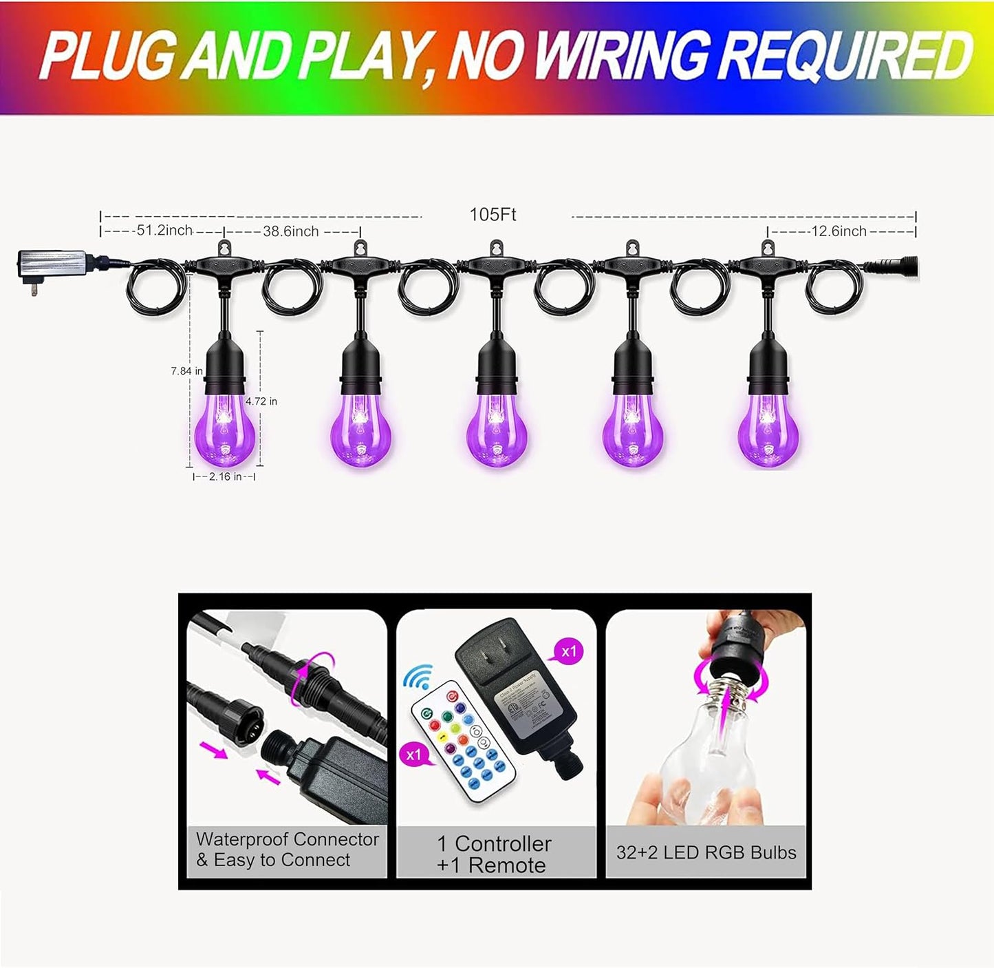 Guirnalda luces RGB exteriores 105ft 32 bombillas