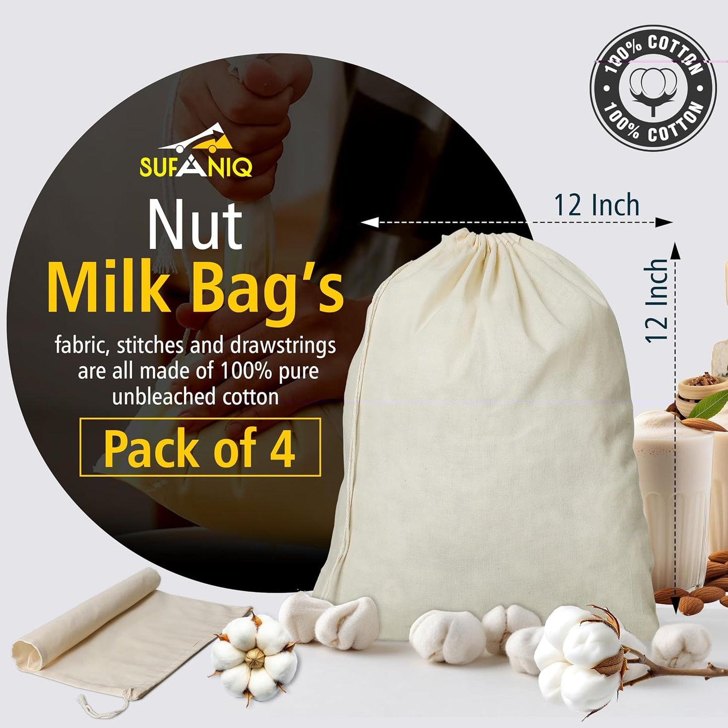 Bolsa colar leche de nuez 100% algodón reutiliz. 12x12pulg