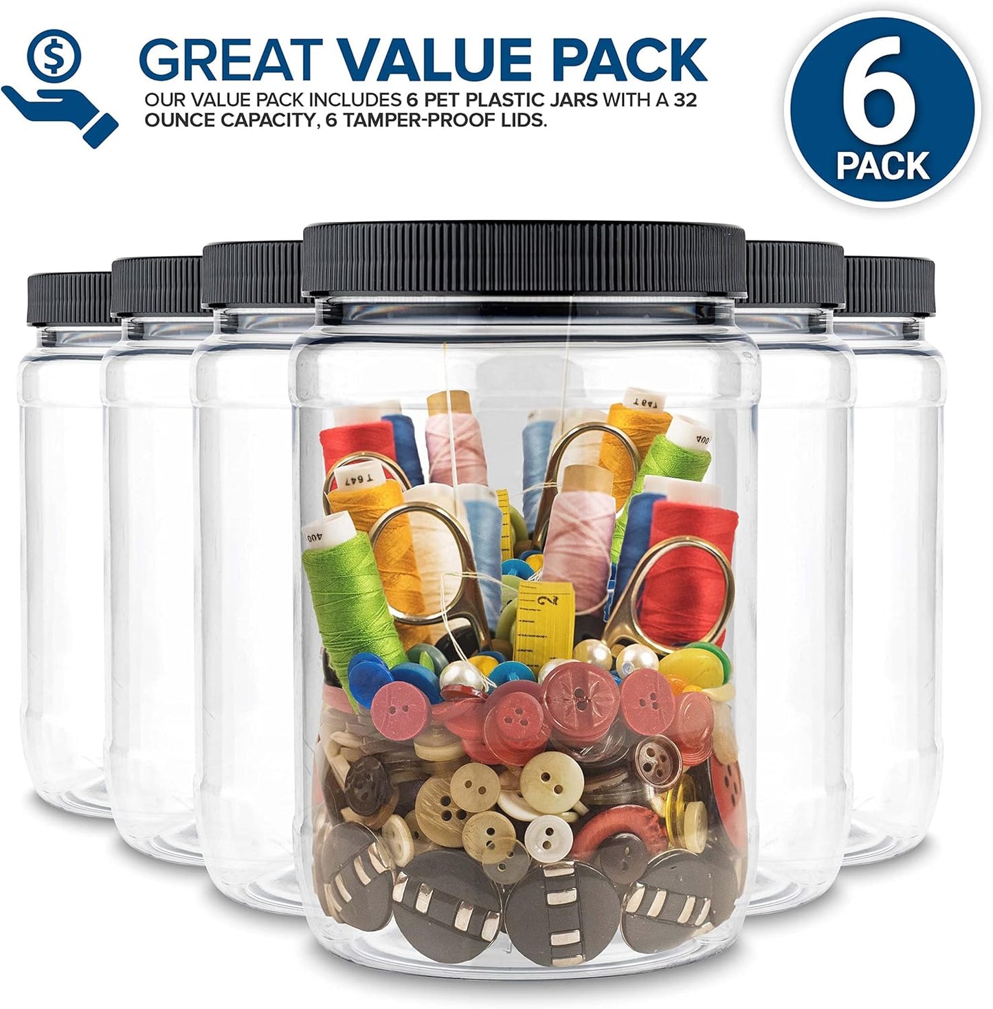 Tarros plástico sin BPA 32oz set 6 con tapas herméticas