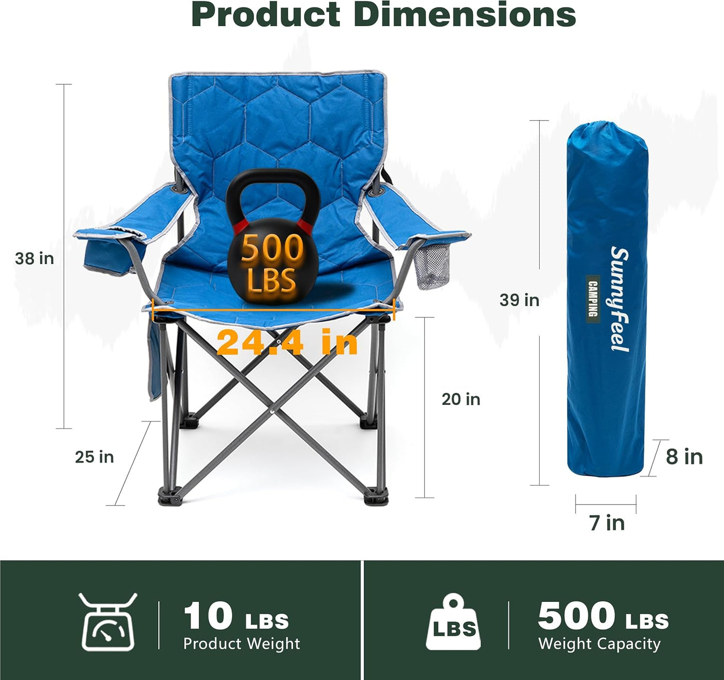 Silla camping plegable gran tamaño 500lbs con reposabrazos