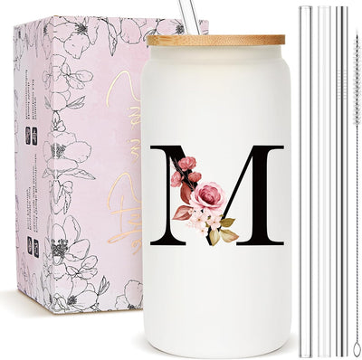 Taza vidrio esmerilado con monograma popote y tapa personalizada