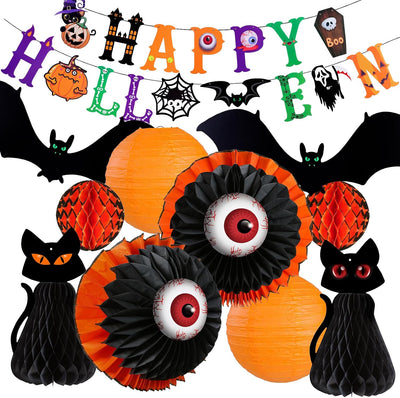 Juego 11 Pzas Faroles Halloween Gato Negro Murciélago 6-12pulg