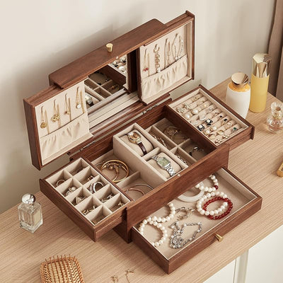 Caja joyas madera nogal negro 3 niveles con espejo