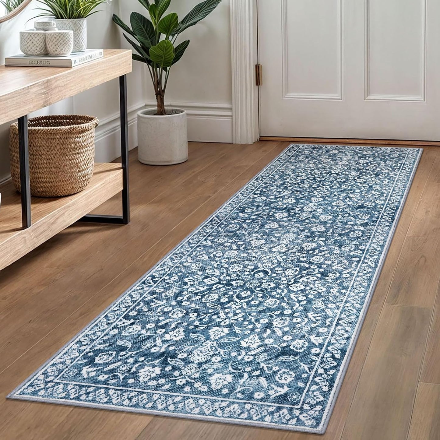 Alfombra pasillo 2x6ft color azul blanco antiderrap lavable
