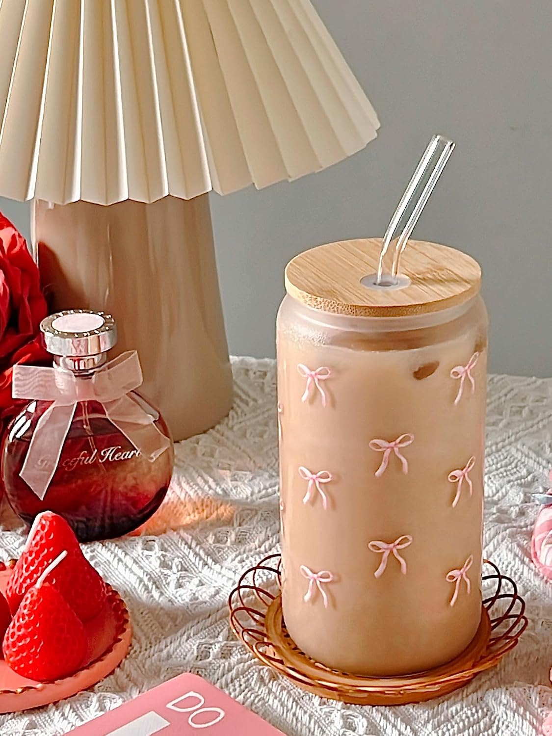 Vaso vidrio lazo rosa con tapa pajita 16oz taza Matcha