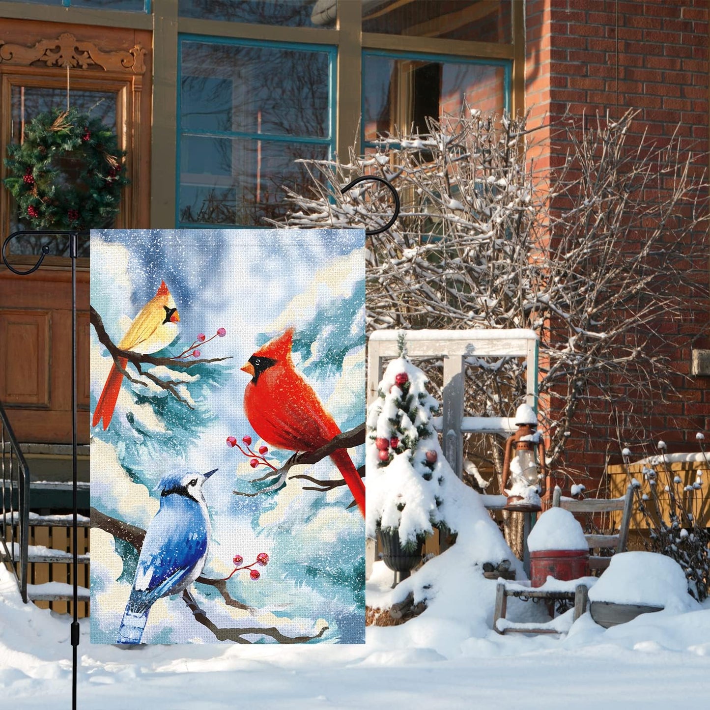 Bandera jardín welcome winter cardinals 12x18pulg arpillera
