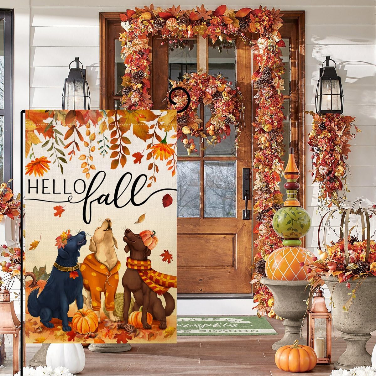 Bandera jardín perros otoño 12x18pulg doble cara decoración patio