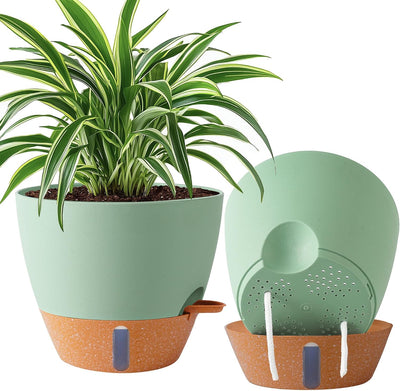 2 Macetas Plástico 10" Riego Automático Indicador Agua Verde