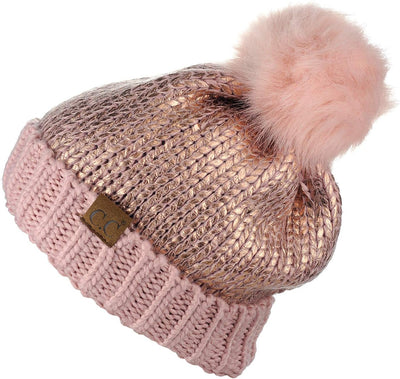Gorro punto acabado metálico pompón piel sintética mujer