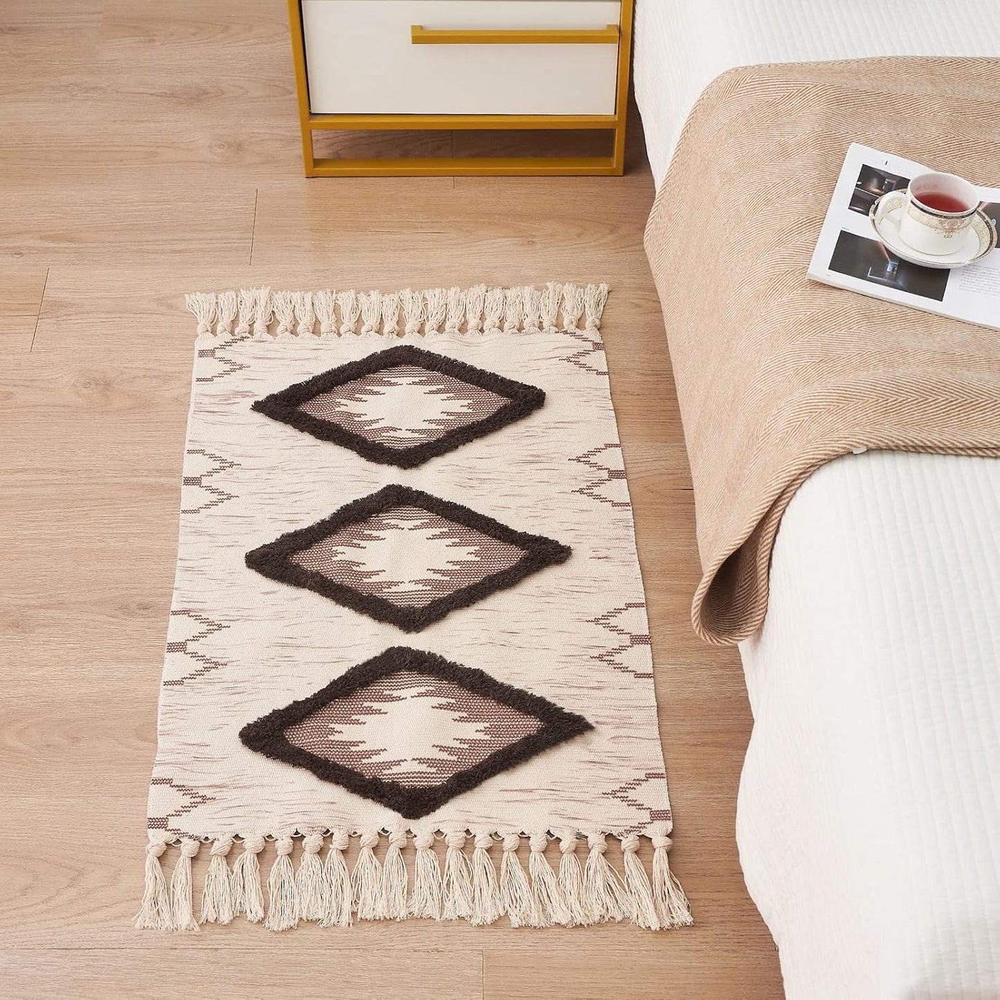 Alfombra baño bohemia 2x3ft algodón copetudo borlas marrón