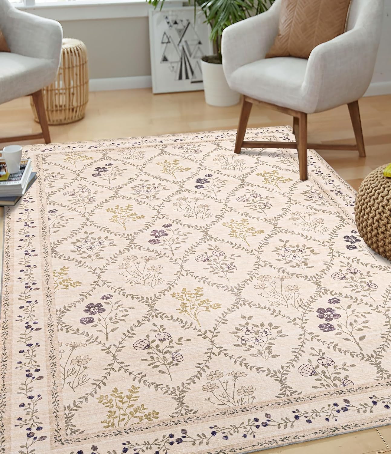 Alfombra 9x12ft estampado floral beige antiderrap
