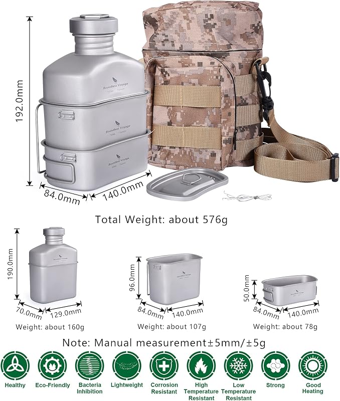 Cantina militar titanio forma riñón con tapa y cadena
