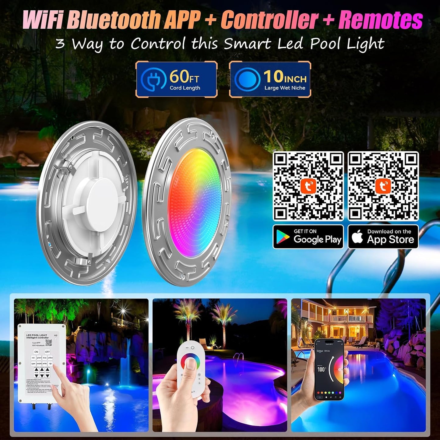 Luces LED WiFi para piscina enterrada 60ft triple control