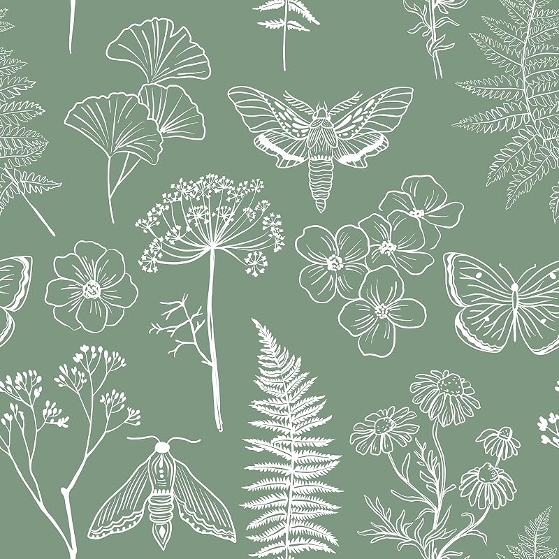Papel tapiz botánico helecho verde 17.7x354" dormitorio baño