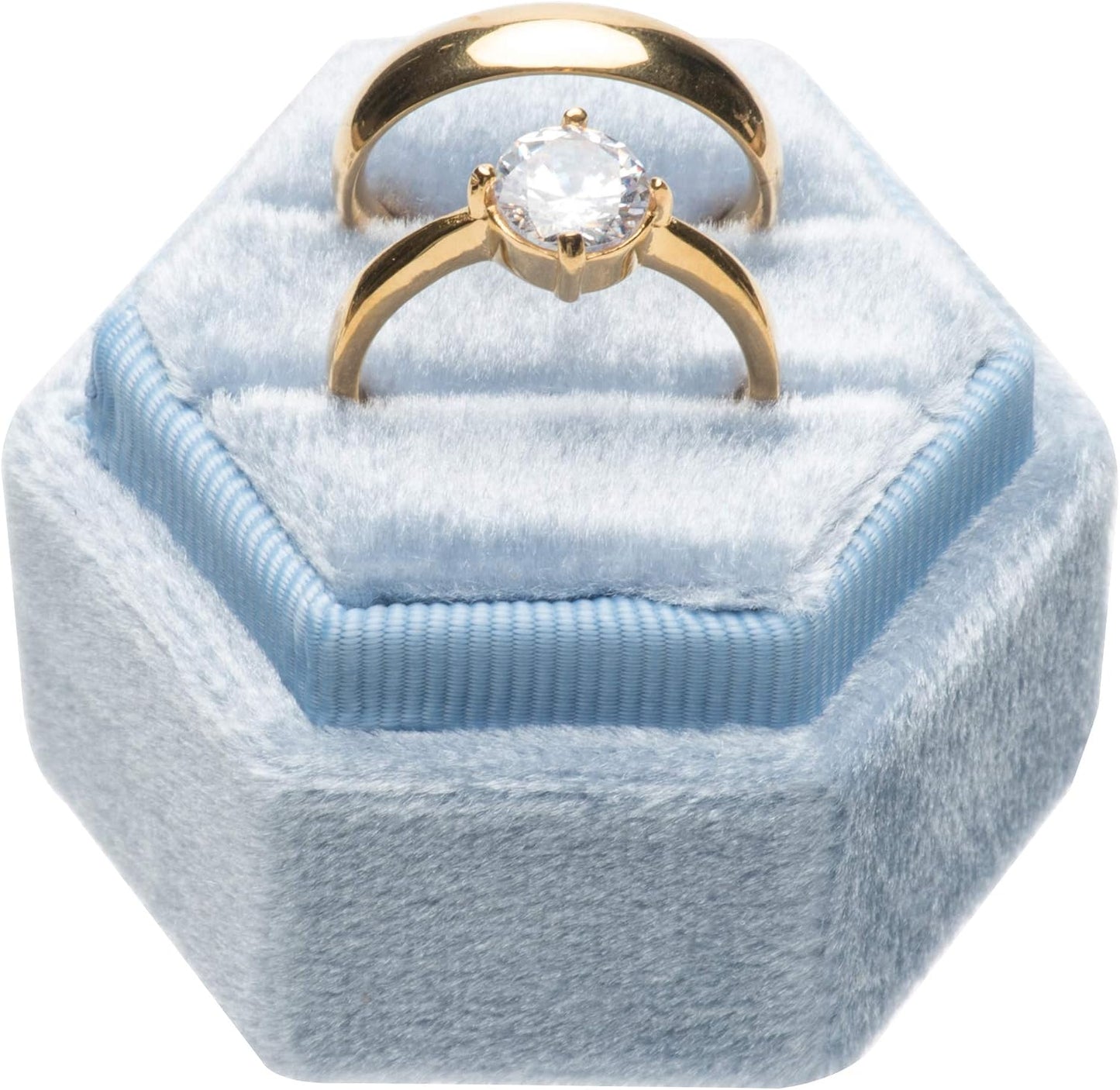Caja anillos terciopelo soporte hexagonal doble tapa azul