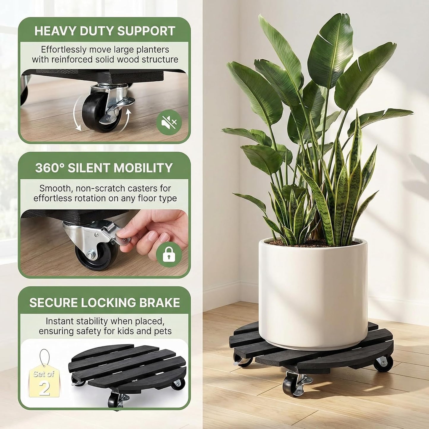 Soporte redondo madera para plantas con ruedas bloqueables 360°