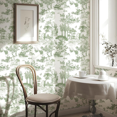Papel tapiz Toile de Jouy 17.7x197pulg verde y blanco vintage